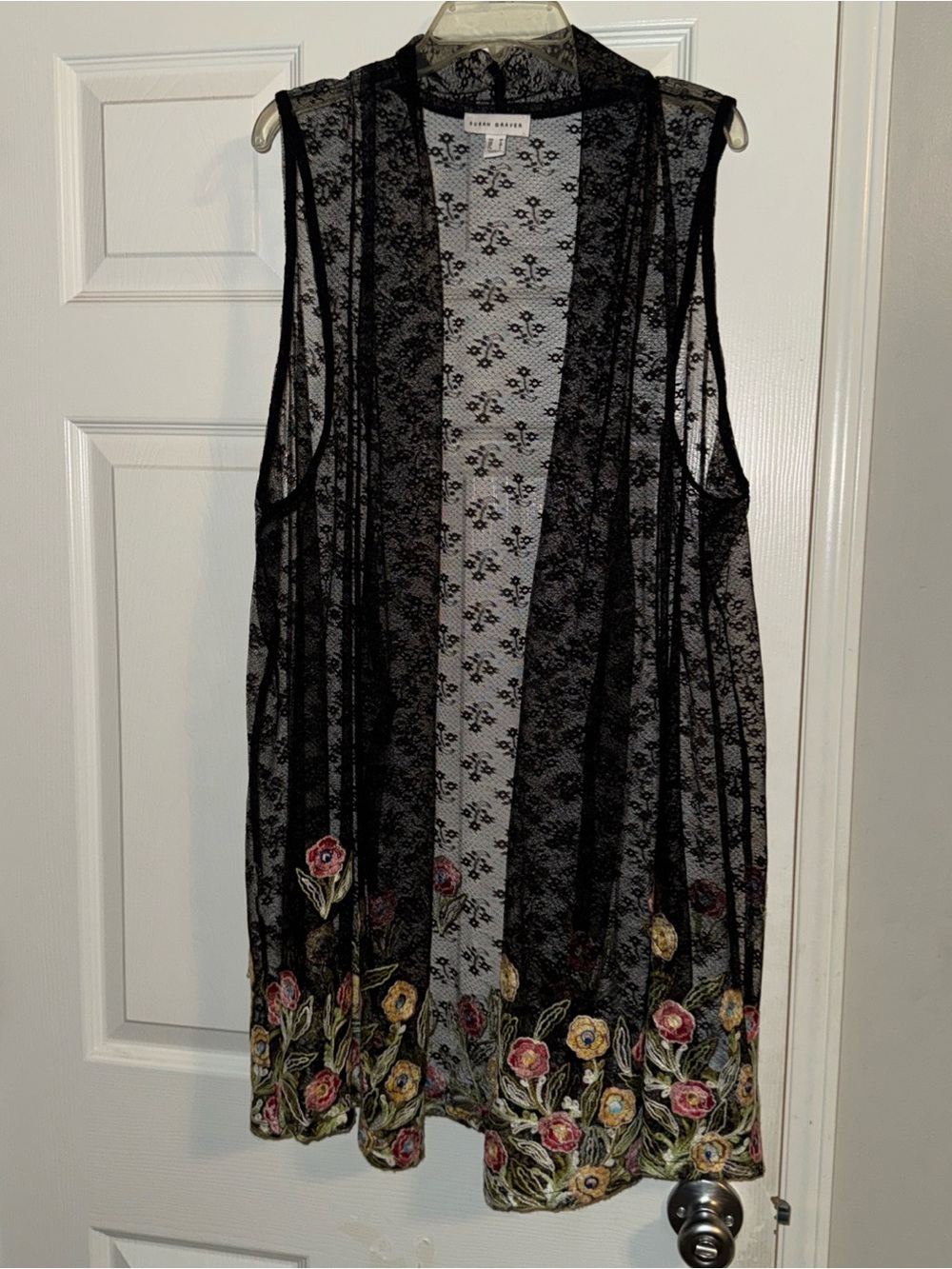Susan Graver Black Sheer Lace Vest with Floral Embroidery